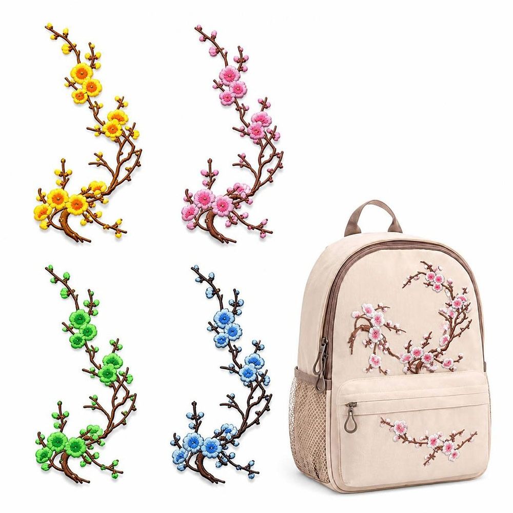 Textile For Sewing - แผ่นปะลายดอกซากุระแบบ DIY สำหรับรีดติดและเย็บติด พร้อมกาวร้อนละลาย แผ่นปะลายกิ่งซากุระสำหรับงานปักตกแต่ง
