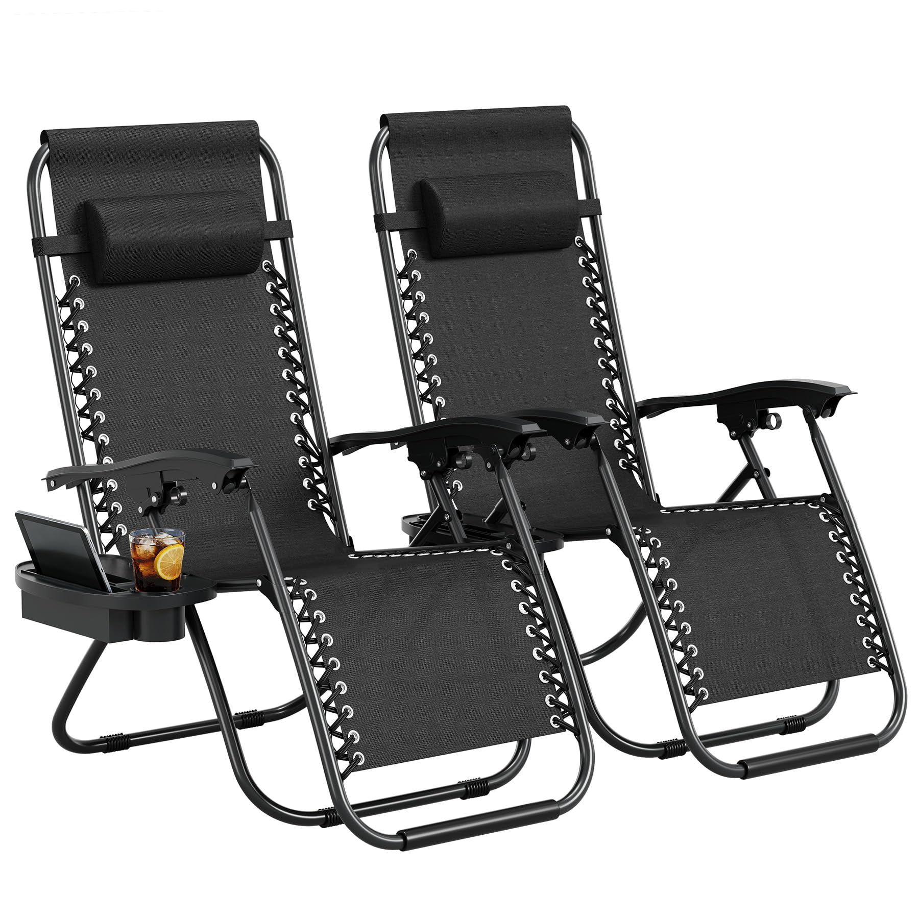 Fabric Weight Set - ชุดเก้าอี้พักผ่อนปรับเอนได้แบบไม่มีน้ำหนักสำหรับลานบ้าน 2 ตัว – เก้าอี้พับปรับระดับได้สำหรับใช้งานกลางแจ้ง พร้อมหมอน