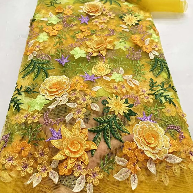 Textile For Sewing - ผ้าตาข่ายลูกไม้ปักลายดอกไม้ 3 มิติ ขนาด 90x130 ซม.
