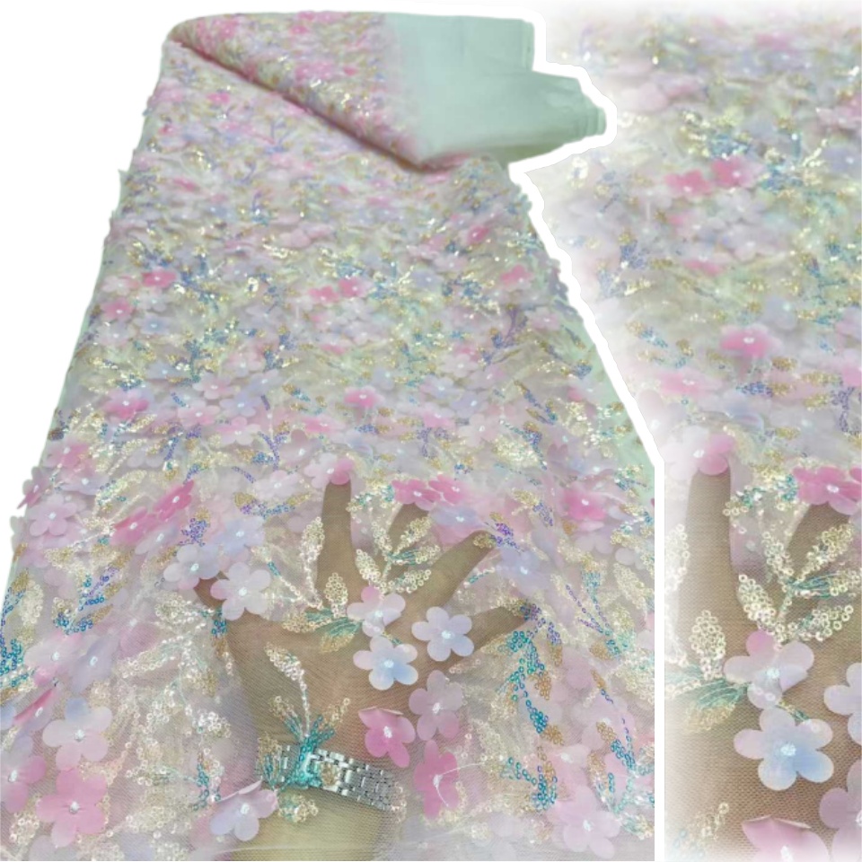 Sewing Net - ดอกไม้ 3 มิติ สำหรับตกแต่งเสื้อผ้า ผ้าลูกไม้ทูลคุณภาพสูง ผ้าลูกไม้ตาข่ายแบบฝรั่งเศสและไนจีเรีย