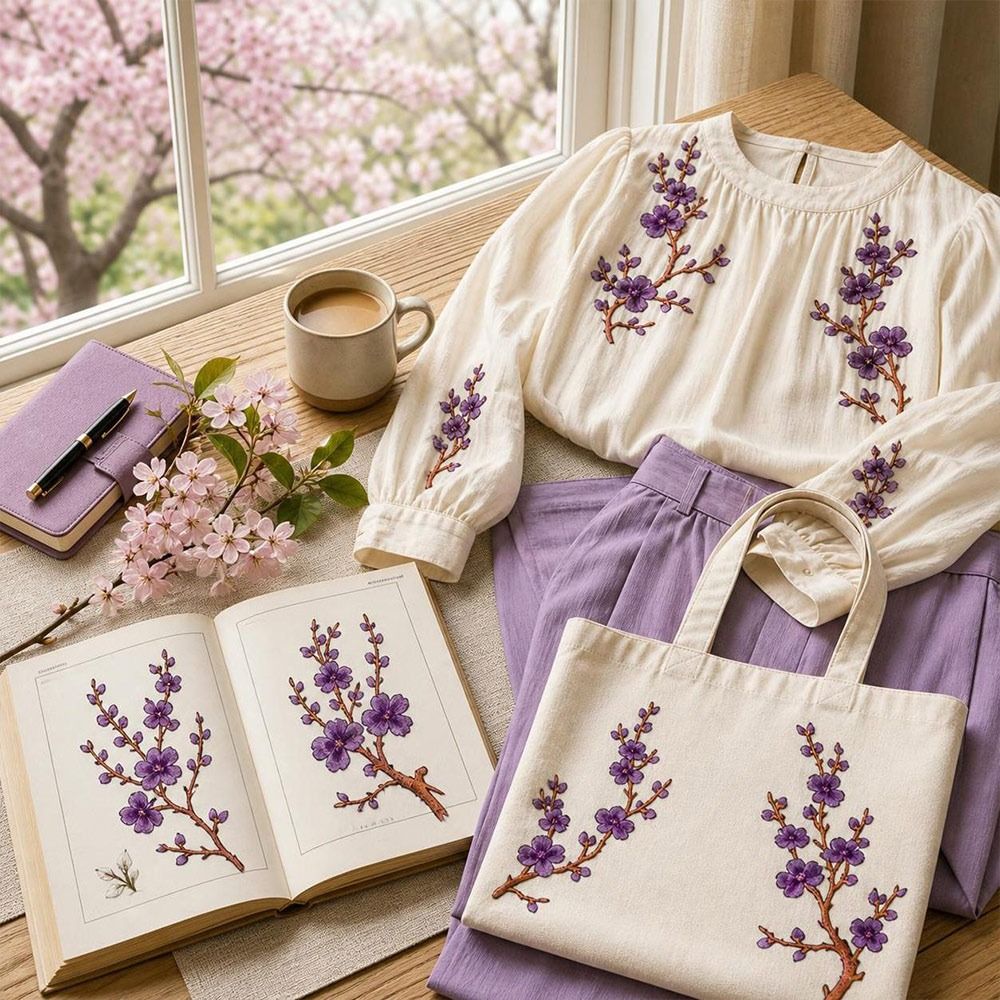 Textile For Sewing - แพทช์ลายดอกซากุระ DIY สำหรับรีดติดและเย็บติด พร้อมกาวร้อนละลาย แพทช์ปักลายดอกไม้ กิ่งไม้